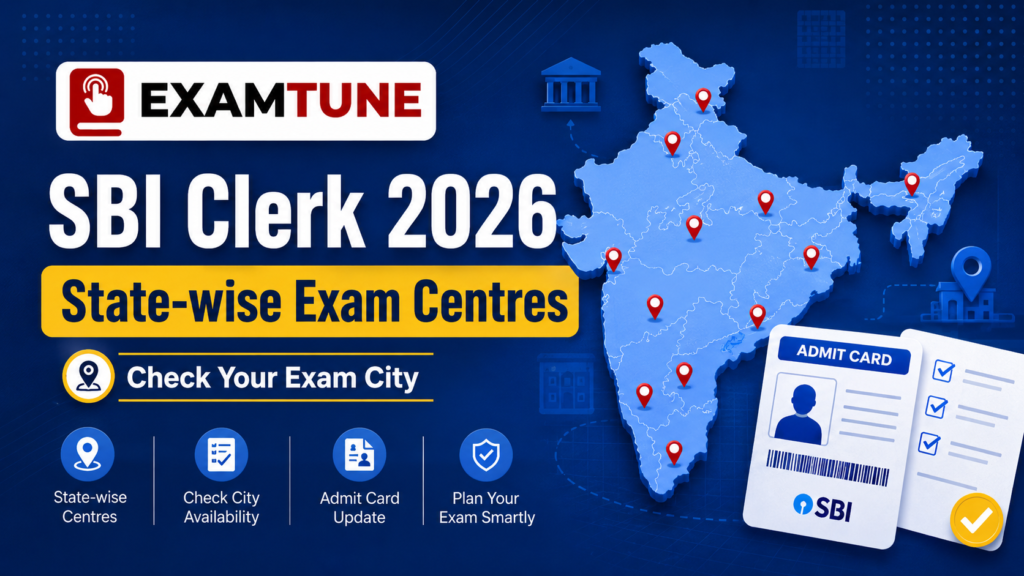 SBI Clerk 2026 state-wise exam centres with India map and exam city locations