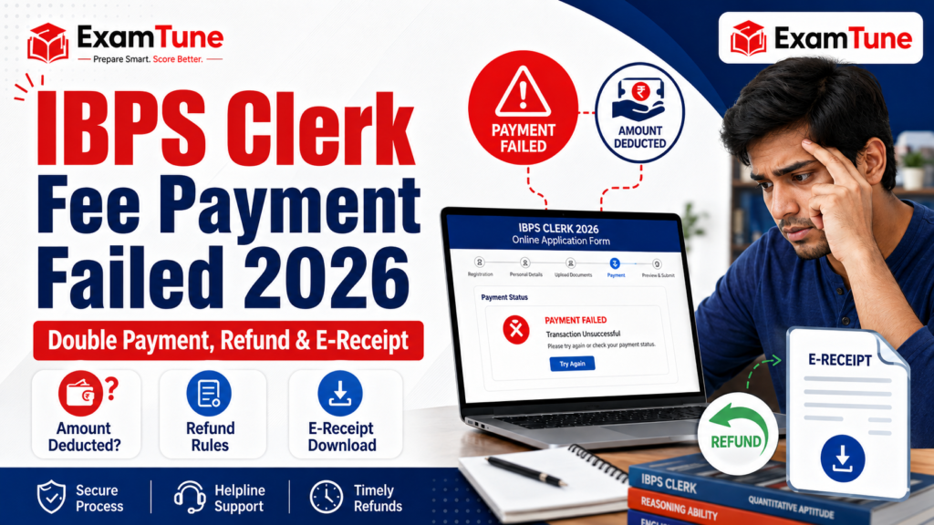 IBPS Clerk Fee Payment Failed 2026 showing double payment, refund rules and e-receipt download with ExamTune logo