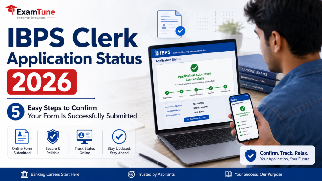 IBPS Clerk Application Status 2026 showing successful form submission confirmation in 5 easy steps