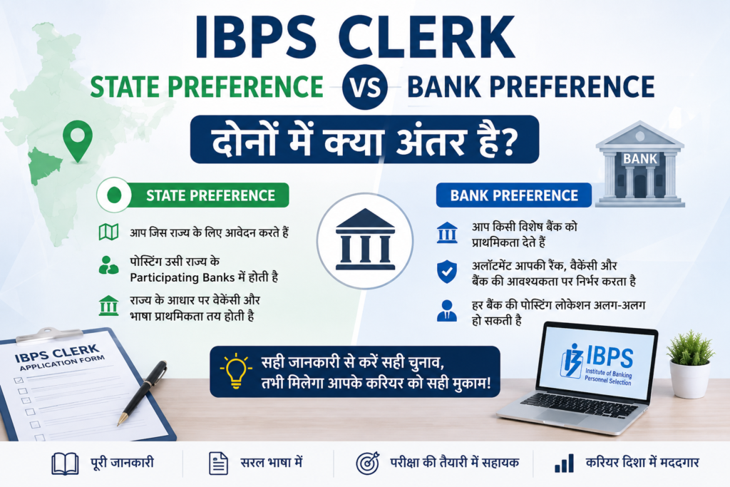 **Alt Text:** IBPS Clerk State Preference vs Bank Preference difference explained through an informative infographic.