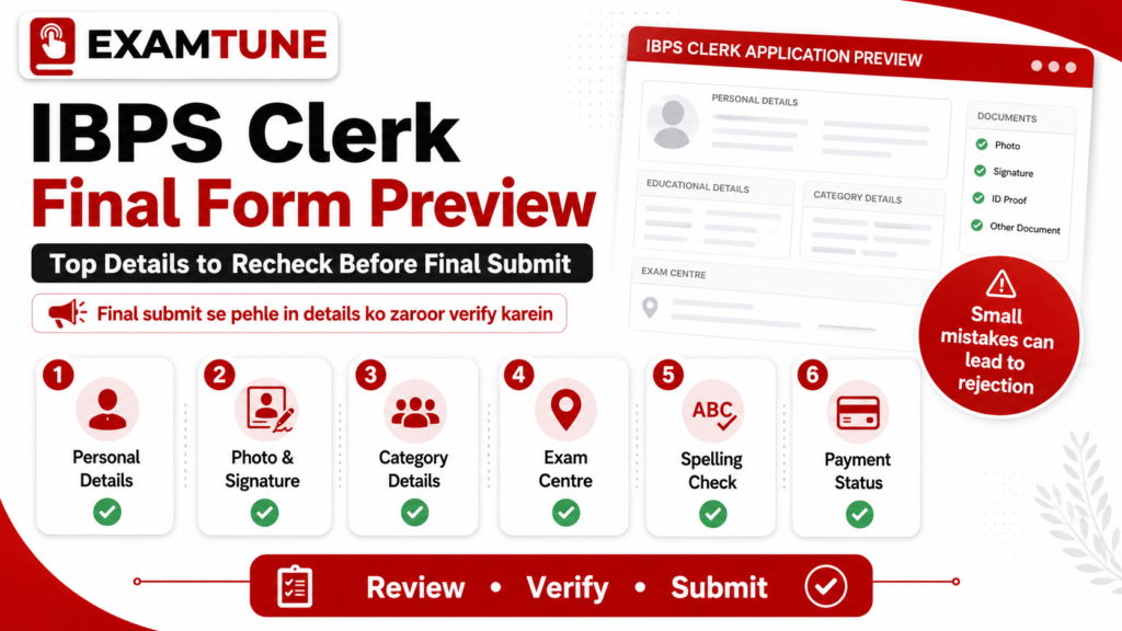 IBPS Clerk Final Form Preview Checklist showing top details to recheck before final submit