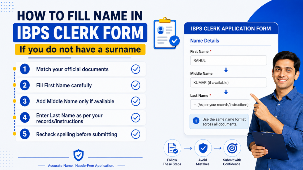 IBPS Clerk Form Without Surname showing five steps to fill First Name, Middle Name and Last Name correctly
