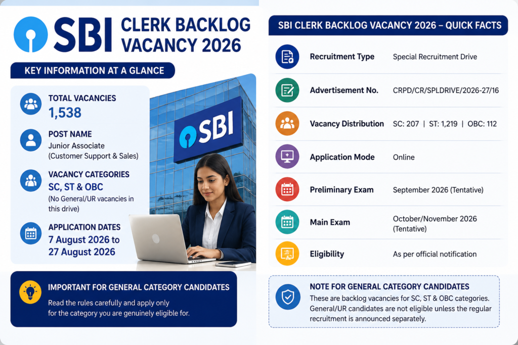 SBI Clerk Backlog Vacancy 2026 quick facts, total vacancies, category-wise posts and application dates