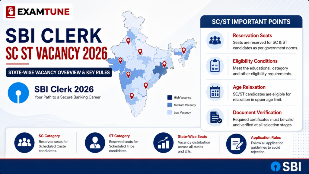 SBI Clerk SC ST Vacancy 2026 state-wise vacancy overview seats eligibility and important rules