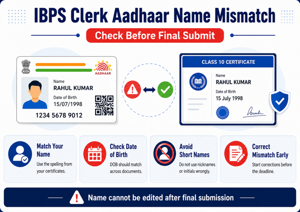 IBPS Clerk Aadhaar name mismatch with Class 10 certificate