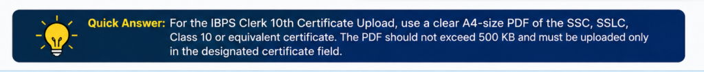 IBPS Clerk 10th Certificate Upload PDF A4 size 500 KB