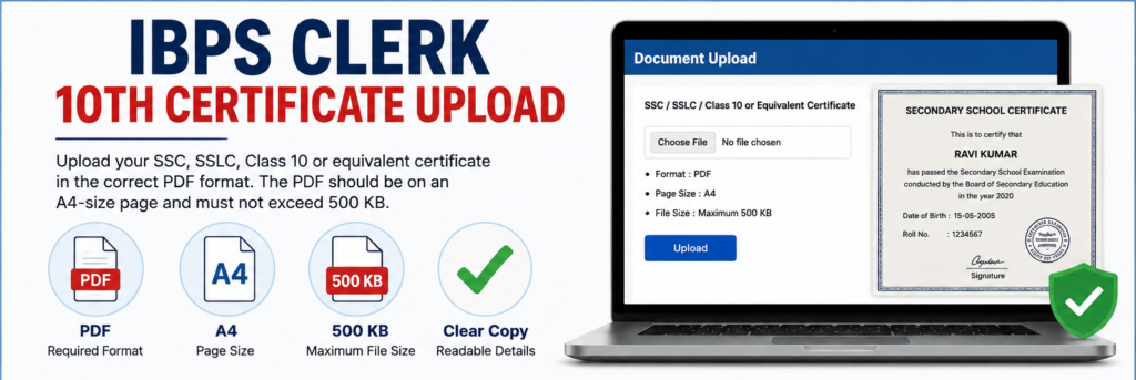 IBPS Clerk 10th Certificate Upload PDF size and format